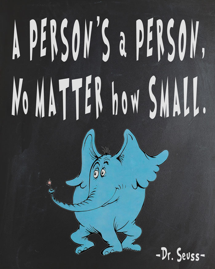 Quote from the book, Horton Hears A Who, "A person’s a person, no matter how small."